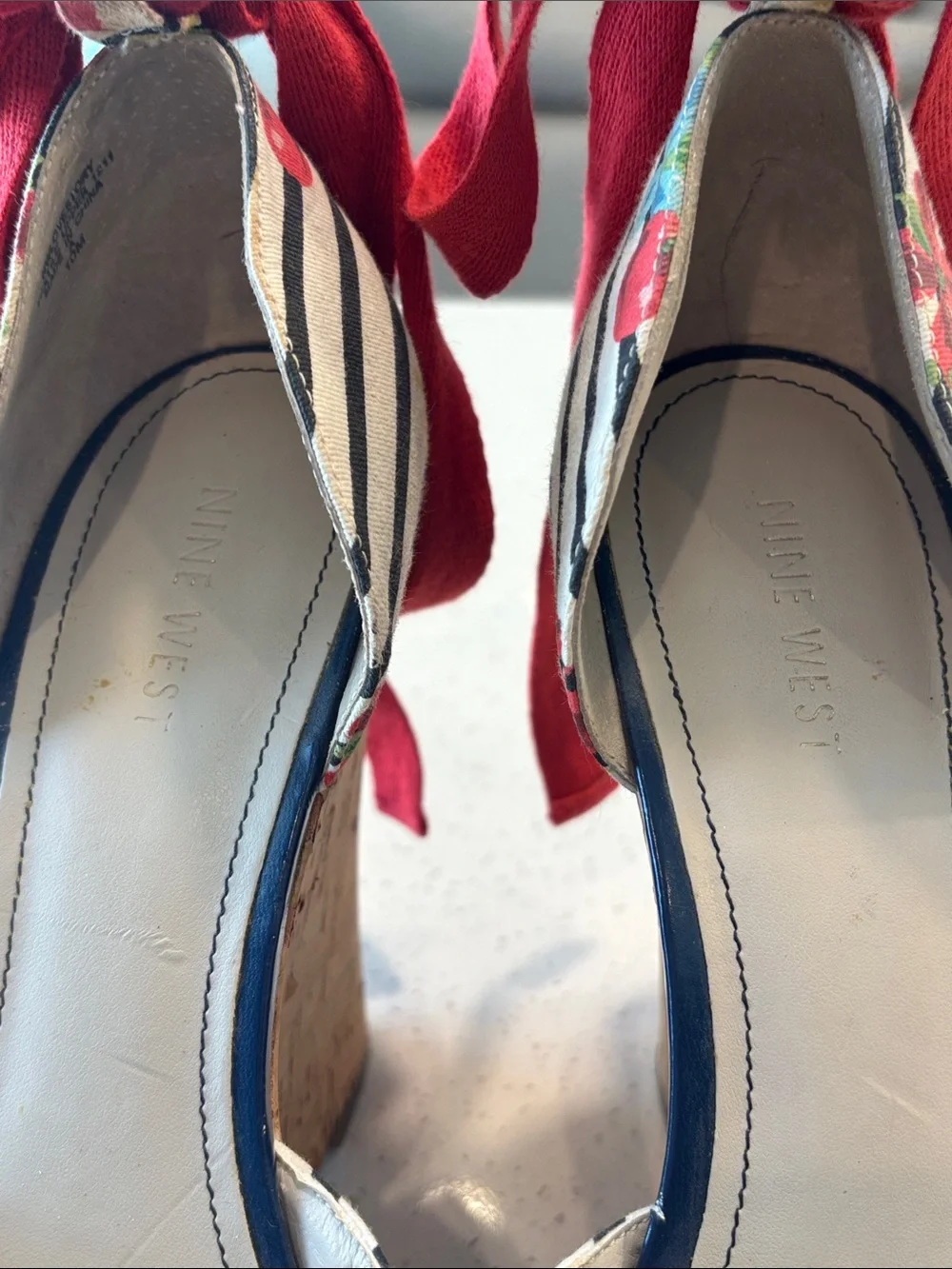 Nine West Floral & Striped Ankle-Tie Cork Wedge Sandals - Women's Size 10